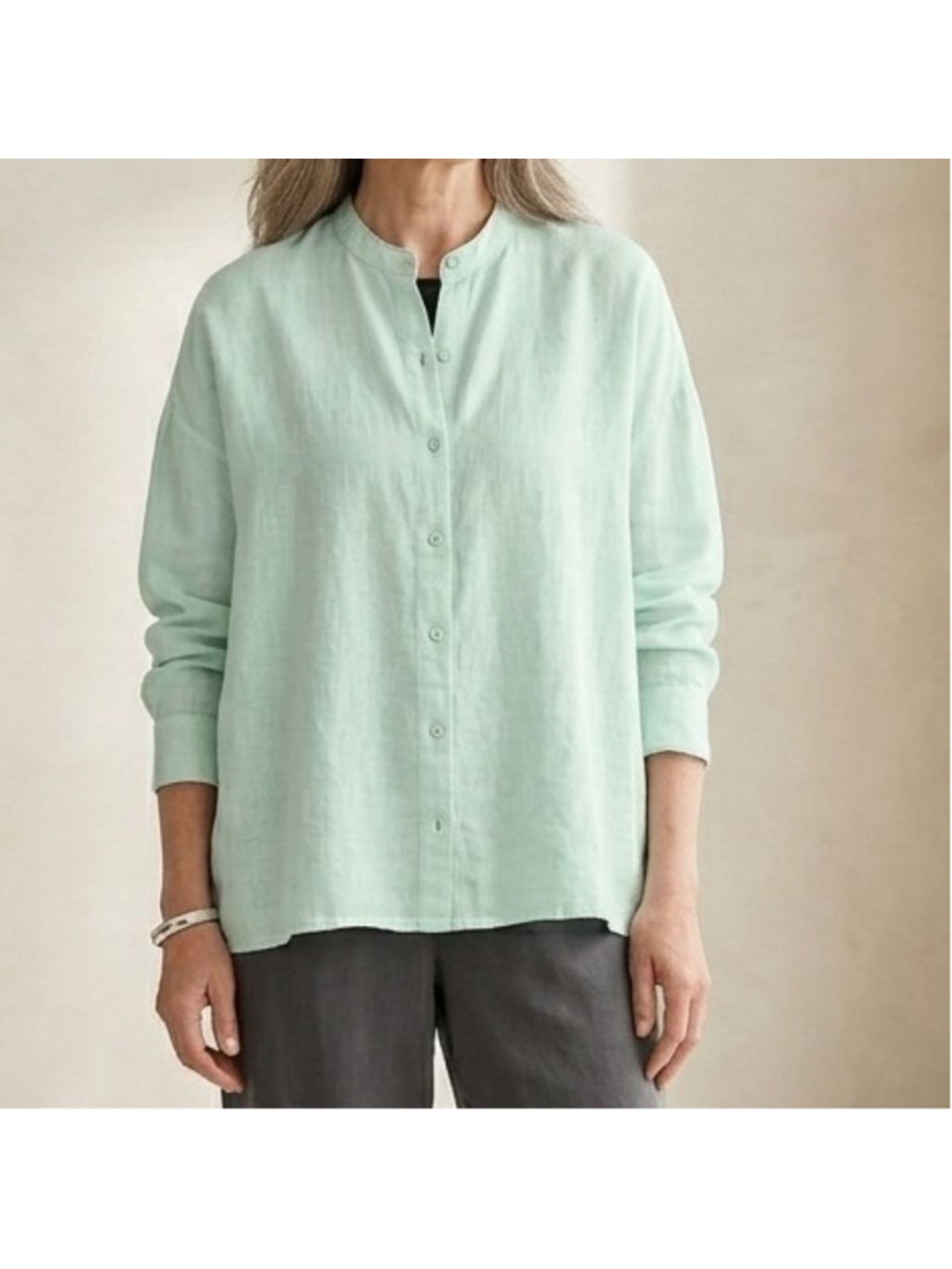 Eileen Fisher Arora Organic Linen Handkerchief Linen Mandarin Collar Box Top Lrg